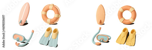 Summer beach vacation and water sports equipment set with colorful surfboards, lifebuoys, snorkeling masks, and swim fins