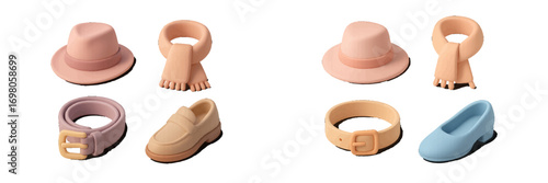 Collection of minimalist pastel fashion accessories including fedora hats, warm scarves, belts, and stylish shoes isolated on a white background