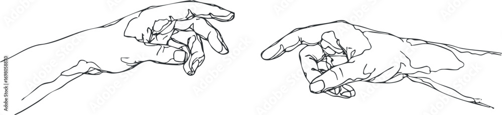 Obraz premium Two artistic hands illustrated in a minimalist line drawing style showcasing human connection and expression. Black on transparent background.