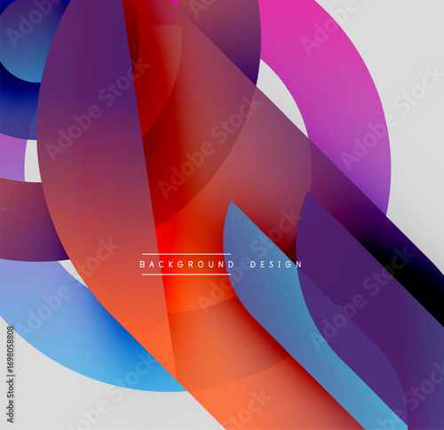 Abstract colorful shapes overlap, creating dynamic visual effect. Gradient hues blend smoothly, forming modern design.
