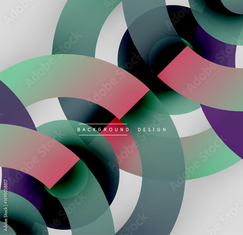 Abstract design features overlapping translucent circles. Colors include green, red, black, white. Modern aesthetic, simple composition.