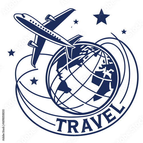 Modern travel agency logo featuring a stylized airplane and globe