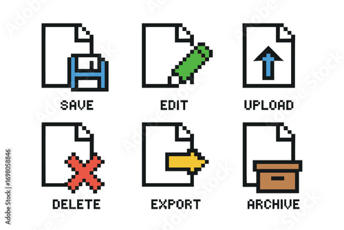 Pixel art icons for save, edit, upload, delete, export, and archive functions