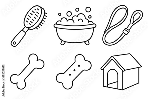 Dog care essentials: brush, bathtub, leash, bones, and kennel outline icons