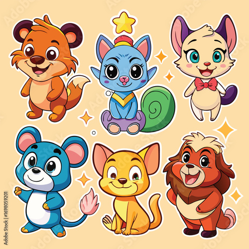 Six adorable cartoon animals: fox, cat, mouse, lion, and more.