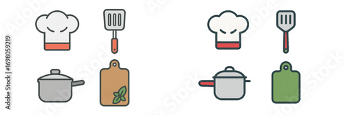 Essential kitchen and culinary line art icons with a chef's hat, spatula, cooking pot, and cutting board for restaurant menus, food blogs, and gastronomy themes