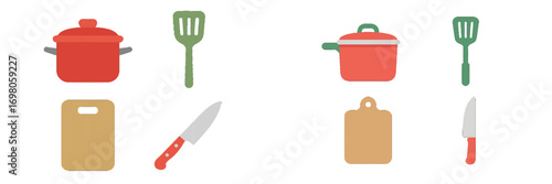 Kitchen utensil icon set with cooking pot, spatula, cutting board, and knife for culinary and food preparation concepts