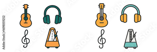 Music and audio equipment icon set with acoustic guitar, headphones, metronome, and treble clef symbols for sound and melody