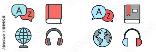 Language learning and translation icon set with dictionary book, globe, headphones, and vocabulary symbols for education and communication