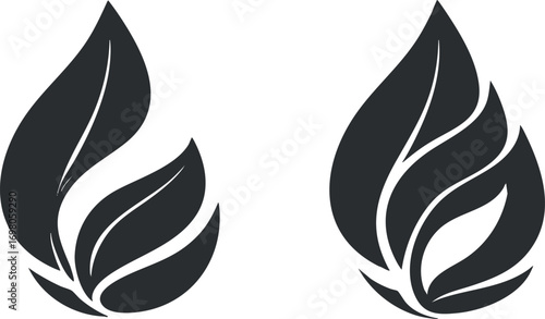 Stylized black leaf designs representing nature and sustainability themes for eco-friendly projects. Black on transparent background.