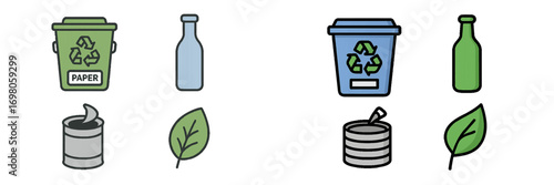 Recycling and ecology icon set for waste sorting and environmental conservation with bins for paper, glass bottles, and metal cans