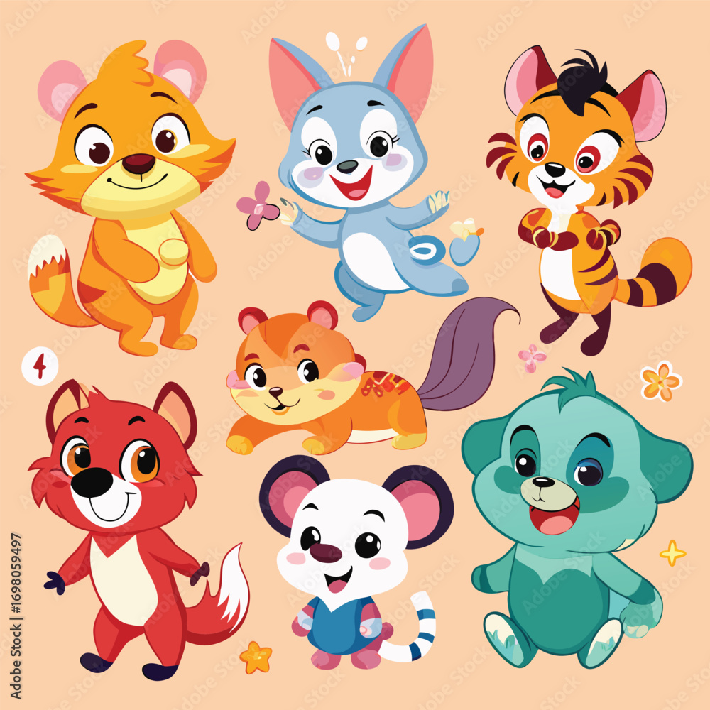 Fototapeta premium A vibrant illustration featuring a collection of seven adorable and colorful cartoon animals, each with unique features and expressions, set against a soft peach background.