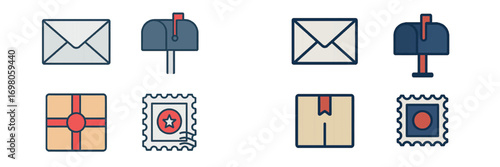 Comprehensive collection of postal service and mail delivery icons featuring envelopes, mailboxes, packages, and postage stamps