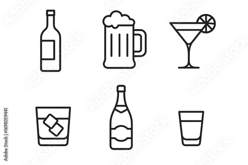 Outline icons of various drinks: beer, whiskey, wine, cocktails, champagne, glass