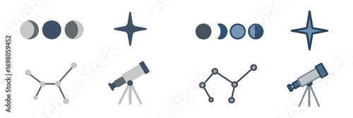 Astronomy and space exploration icon set with moon phases, star, constellation, and telescope symbols