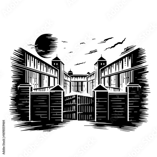 Old prison building with high fences.  Vector monochrome sketch in EPS 10 format