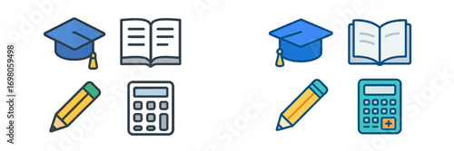 Academic tools and school supplies for education and learning including graduation cap, open book, pencil, and calculator