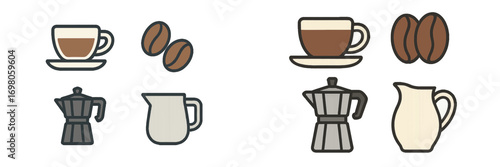 Coffee icon set with espresso cup, roasted beans, moka pot, and milk pitcher in a flat line art style isolated on white background