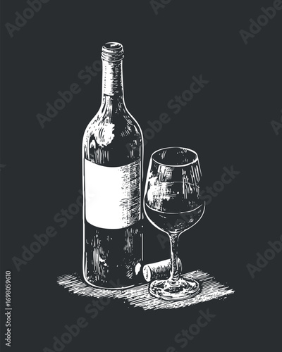 An elegant sketch of a wine bottle and glass showcasing a refined beverage experience Black on transparent background.