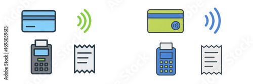 Payment method icon set with credit card, contactless symbol, POS terminal, and receipt for financial transactions