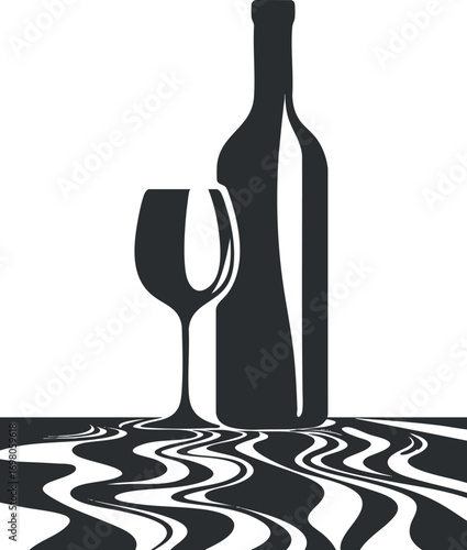 Abstract illustration of a wine bottle and glass with flowing liquid design elements. Black on transparent background.