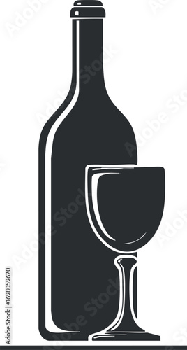 Silhouette of a wine bottle and glass illustrating a sophisticated drink presentation. Black on transparent background.
