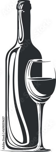 A stylish illustration of a wine bottle and glass ideal for beverage related themes. Black on transparent background.