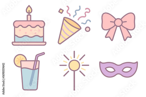 Colorful party icons with cake, confetti, bow, drink, sparkler, and mask