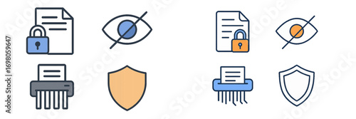 Data privacy and security icon set with locked document, hidden eye, paper shredder, and protection shield symbols