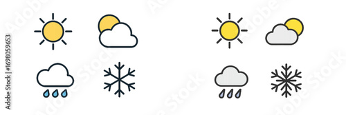Weather forecast icon set with sun, cloud, rain, and snow symbols for meteorology and climate applications