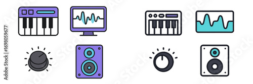 Music production and audio engineering icon set with synthesizer keyboard, waveform display, studio speaker, and volume knob