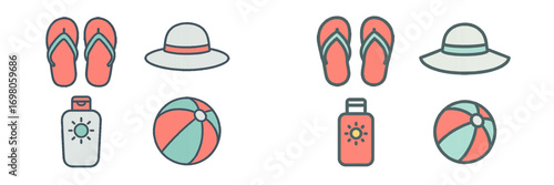Set of summer beach vacation icons including flip-flops, sun hat, sunscreen lotion, and inflatable ball isolated on a white background