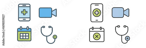 Telemedicine and online doctor consultation icon set with smartphone, video camera, calendar, and stethoscope symbols