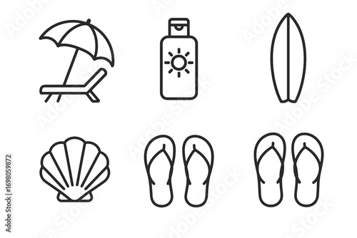 Beach essentials: umbrella, sunscreen, surfboard, shell, flip flops icons set