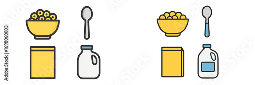 Breakfast cereal icon set with bowl, spoon, milk jug, and box for a healthy morning meal isolated on a white background