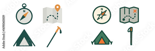 Camping and hiking icon set with outdoor adventure equipment including compass, map, tent, and walking stick for navigation and trekking