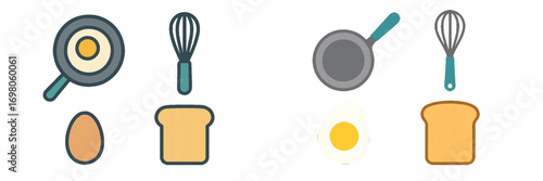 Breakfast cooking essentials with ingredients and kitchen utensils including eggs, bread, frying pan, and whisk