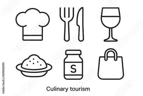 Icons of culinary tourism: chef, utensils, wine, cheese, salt, shopping