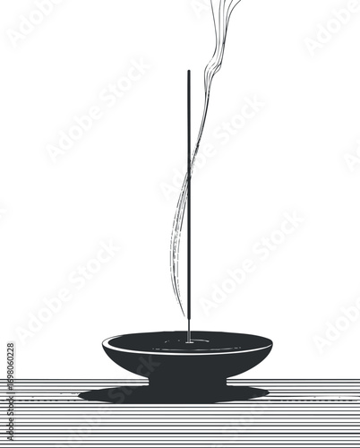 Minimalist artwork featuring an incense stick releasing smoke above a simple bowl on a striped surface. Black on transparent background.
