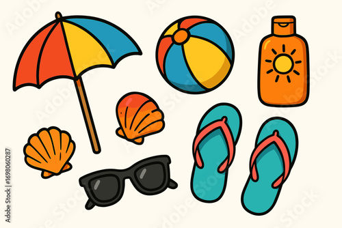 Colorful summer beach essentials: umbrella, ball, seashells, sunglasses, flip-flops, sunscreen