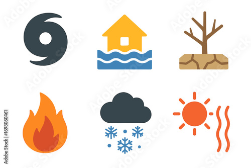 Colorful set of weather and climate disaster icons including hurricane and wildfire symbols