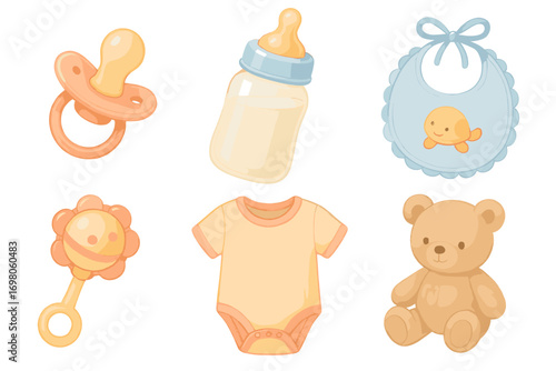 Cute baby essentials: bottle, pacifier, rattle, onesie, bib, and teddy bear