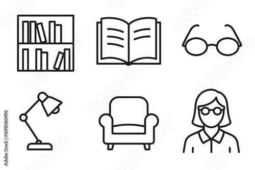 Library icons with furniture and female character in line art style