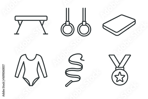 Gymnastics equipment icons: beam, rings, mat, leotard, ribbon, medal