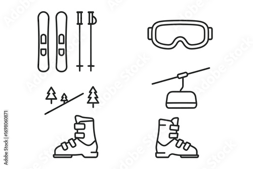 Ski equipment icons: skis, goggles, boots, lift, trees in outline design