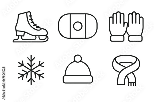 Winter sports essentials: ice skate, hockey rink, gloves, snowflake, hat, and scarf icons