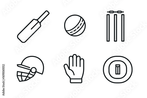 Cricket equipment icons: bat, ball, stumps, helmet, glove, wicket