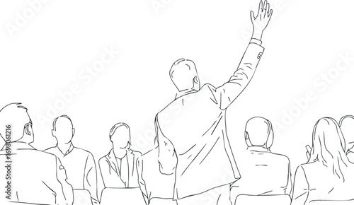 A professional speaker engaging an audience during a business conference presentation. Black on transparent background.