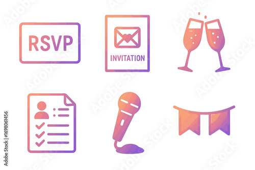 Celebration icons: rsvp, invitation, champagne, guest list, microphone, banners