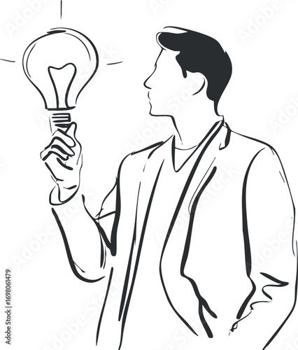 A person holding a lightbulb symbolizing innovative ideas and creative thinking in business. Black on transparent background.
